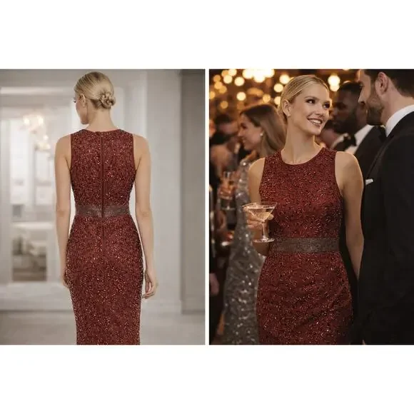 New with Tags Mac Duggal 93758 Beaded Midi Dress Jewel Neck Burgundy Size 8 - Picture 4 of 16